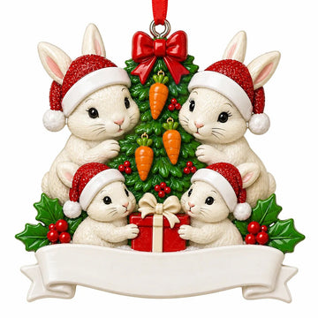 Rabbit Family of 4 with a Christmas Tree Christmas Ornament - WholesaleOrnaments