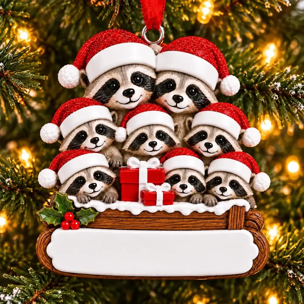 Personalized Resin Raccoon Family of 8 Christmas Log Ornament, WS6298-8, shown in a Christmas setting with blank personalization areas.