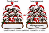 Personalized Resin Raccoon Family of 8 Christmas Log Ornament, WS6298-8, supplied blank beside a personalized lettering example.