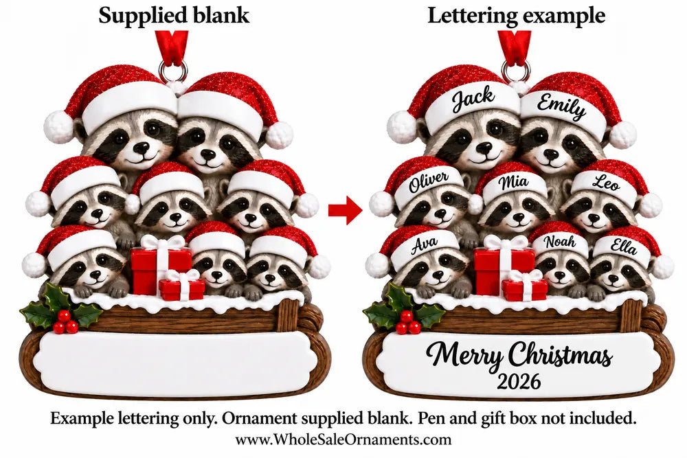 Raccoon Family of 8 Christmas Log Ornament - WholesaleOrnaments