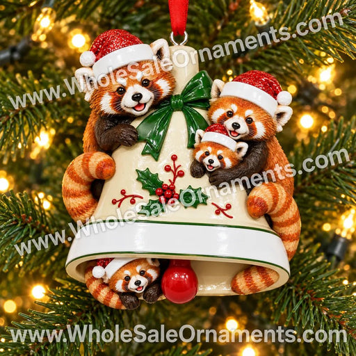 Personalized Resin Red Panda Family of 4 Christmas Bell Ornament, WS6297-4, shown in a Christmas setting with blank personalization areas.