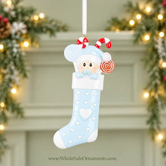 Resin Baby With Sock Personalized Christmas Ornament | WS6103 - WholesaleOrnaments
