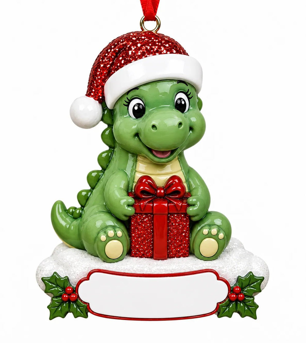 Single Green Dinosaur with a Gift Christmas Ornament - WholesaleOrnaments