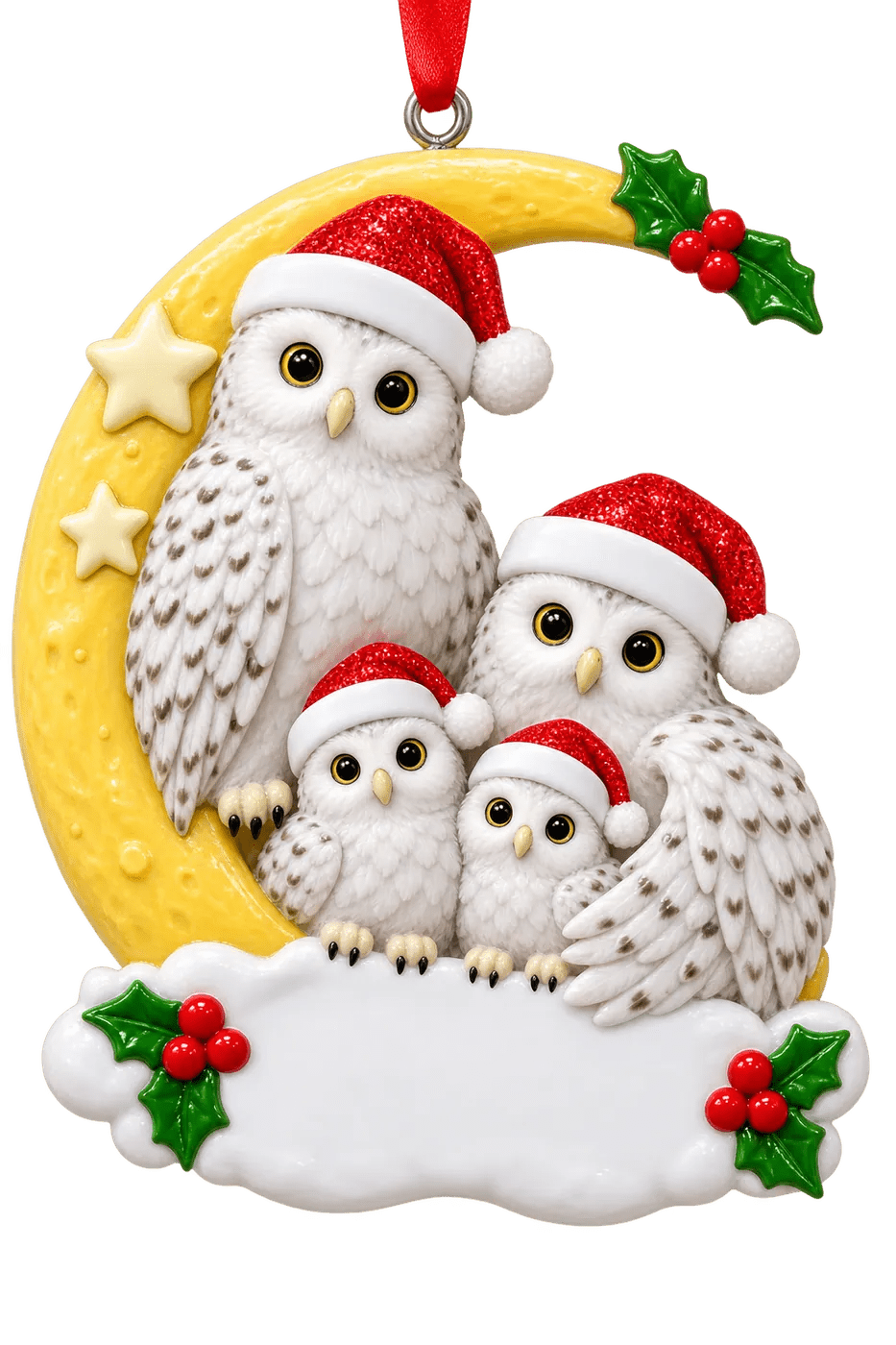 Snowy Owl Family on a Crescent Moon Christmas Ornament - WholesaleOrnaments