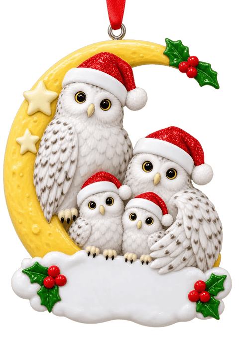 Snowy Owl Family on a Crescent Moon Christmas Ornament - WholesaleOrnaments