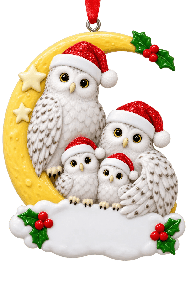 Snowy Owl Family on a Crescent Moon Christmas Ornament - WholesaleOrnaments