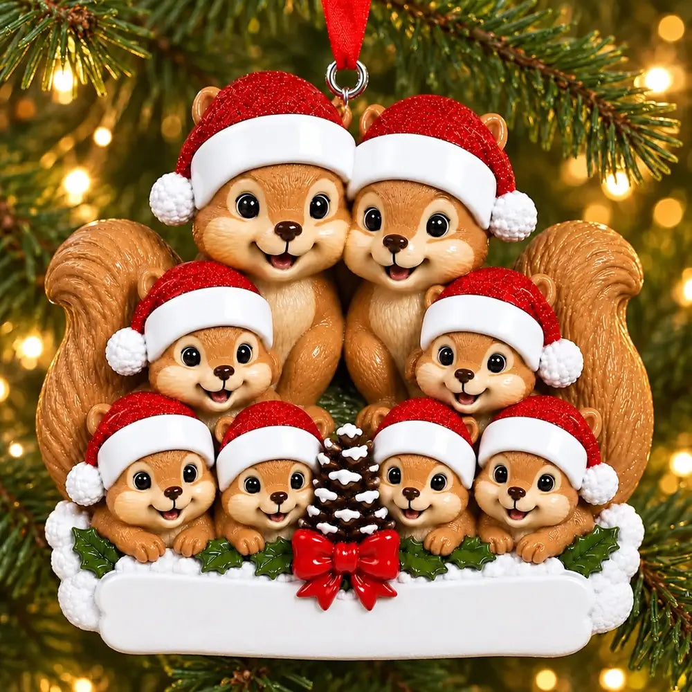Personalized Resin Squirrel Family of 8 Pinecone Christmas Ornament, WS6301-8, shown in a Christmas setting with blank personalization areas.
