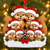 Personalized Resin Squirrel Family of 8 Pinecone Christmas Ornament, WS6301-8, shown in a Christmas setting with blank personalization areas.