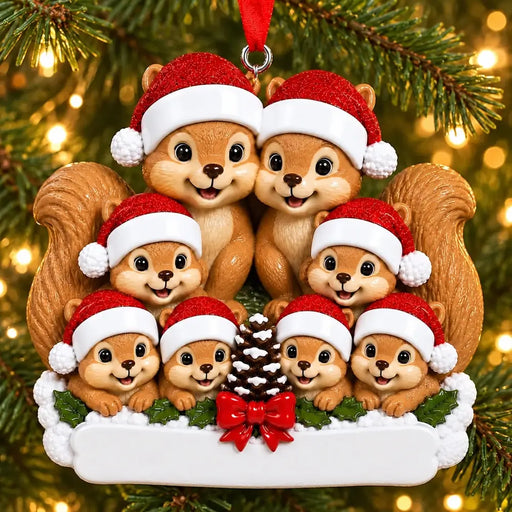 Personalized Resin Squirrel Family of 8 Pinecone Christmas Ornament, WS6301-8, shown in a Christmas setting with blank personalization areas.