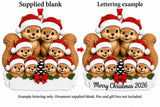 Personalized Resin Squirrel Family of 8 Pinecone Christmas Ornament, WS6301-8, supplied blank beside a personalized lettering example.