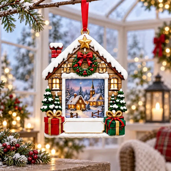 Personalized Snowy Cottage Resin Christmas Photo Frame Ornament — WS6313
