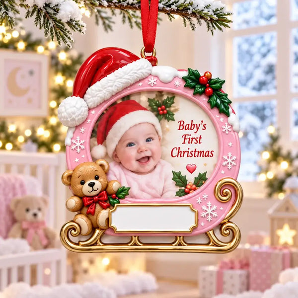 Personalized Baby's First Christmas Pink Sleigh Resin Photo Frame Ornament — WS6320