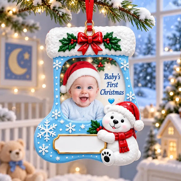 Personalized Baby's First Christmas Blue Stocking Resin Photo Frame Ornament — WS6321