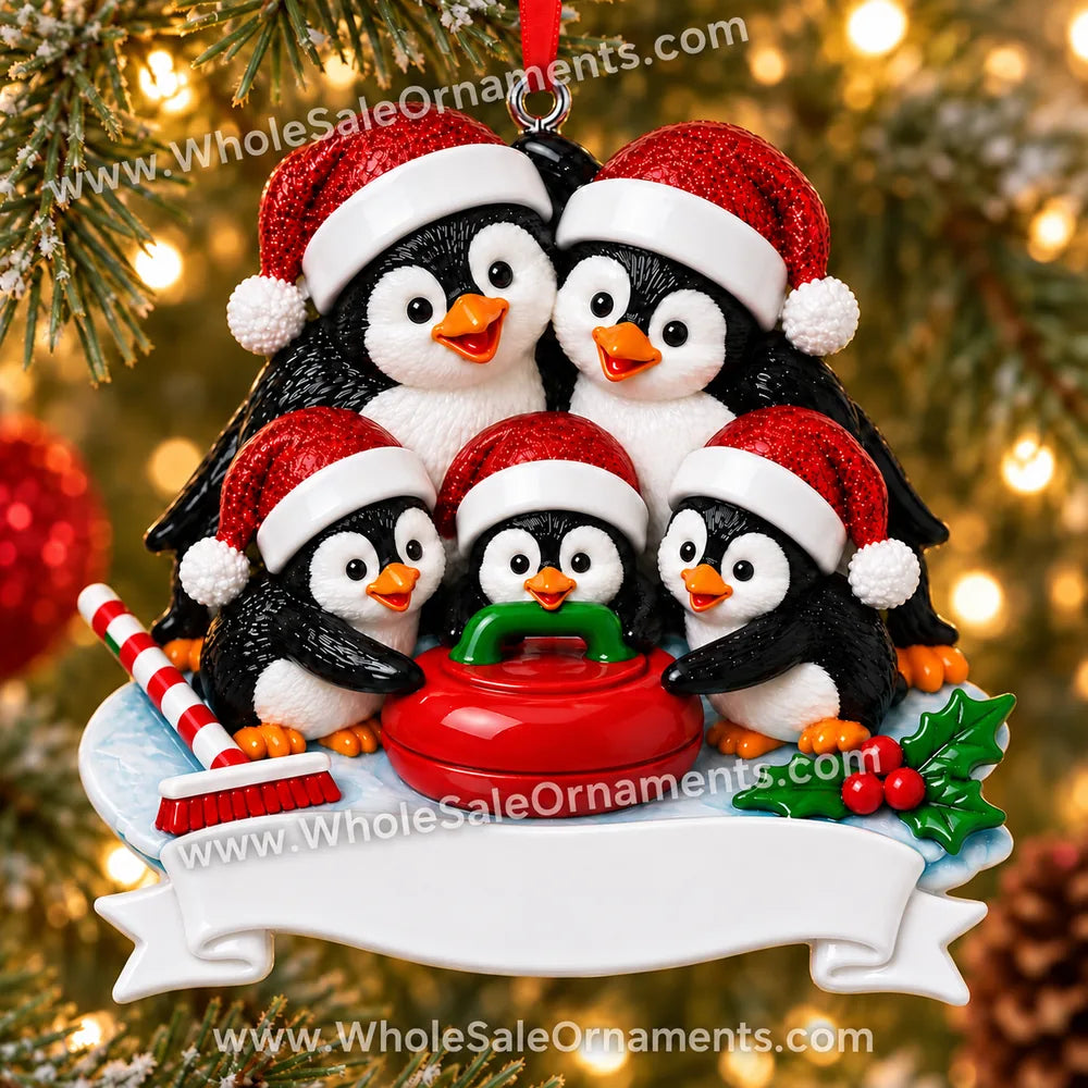 Five penguins with a curling stone Christmas ornament hanging on a warmly lit Christmas tree