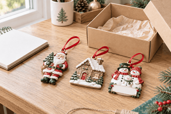 Illustrative scene of Christmas ornament samples on a table for supplier comparison