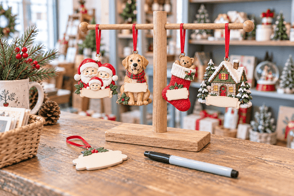 Illustrative gift shop display of ornaments with blank name areas and a marker