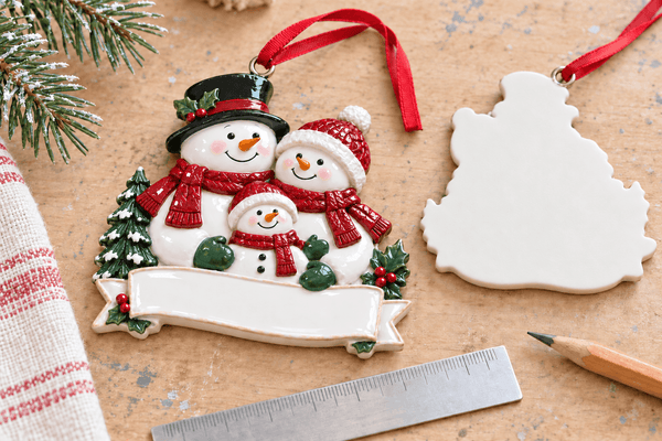 Illustrative sample inspection scene with a snowman ornament, flat reverse and ruler