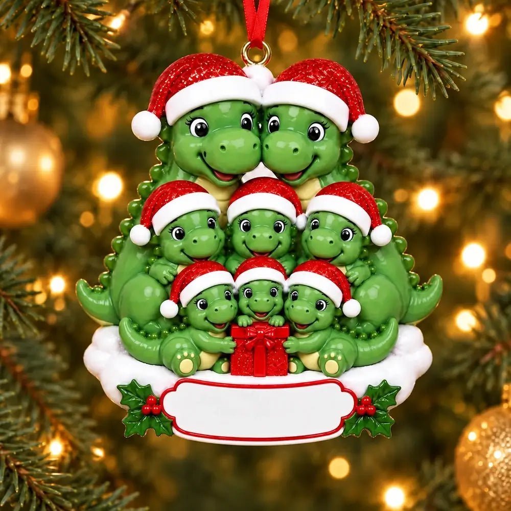 Eight green dinosaurs with a red gift Christmas ornament hanging on a tree with warm lights